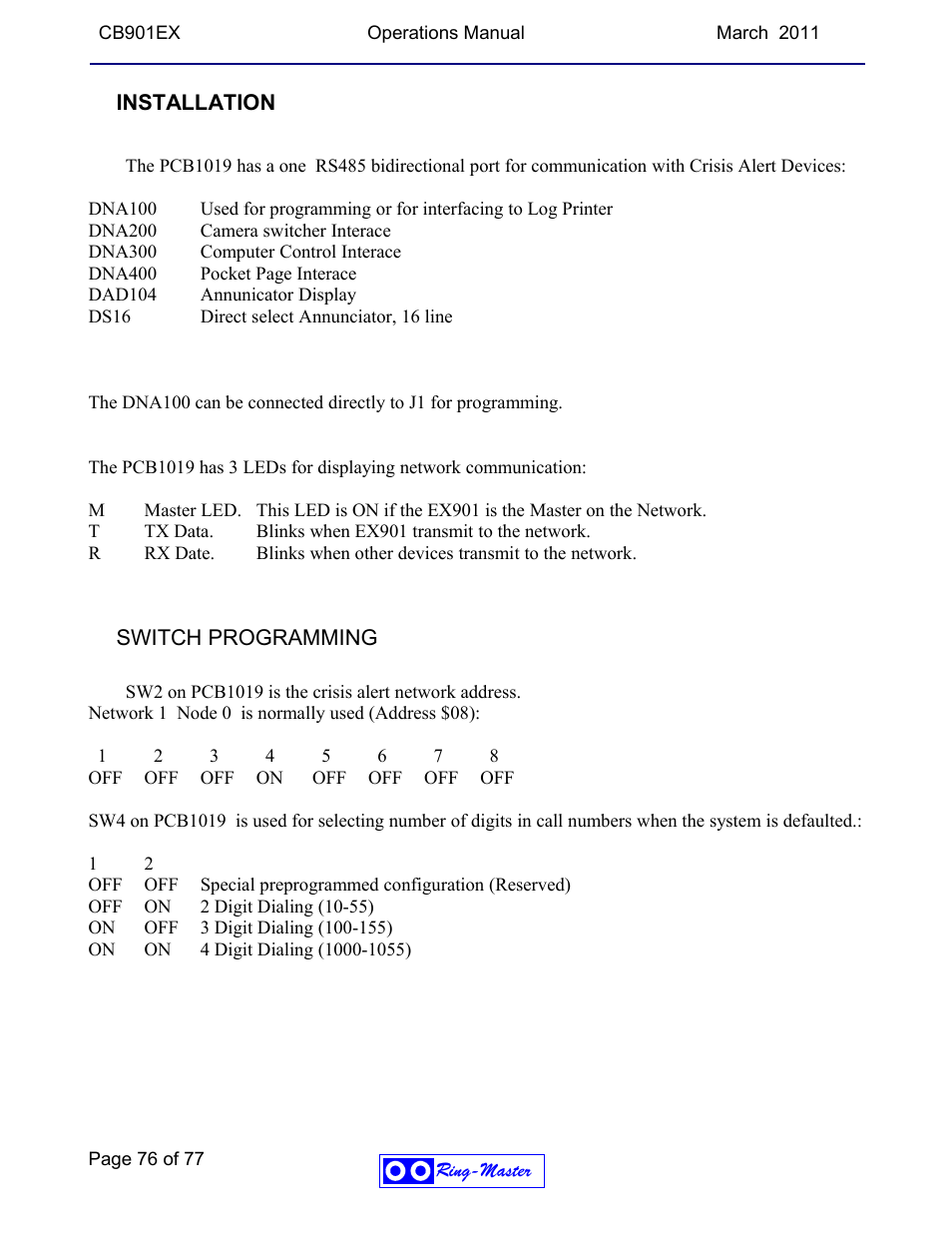 Installation, Switch programming | Ring Communications CB901EX User Manual | Page 76 / 77