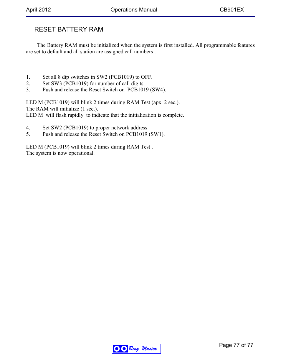 Reset battery ram | Ring Communications CB901EX User Manual | Page 77 / 77