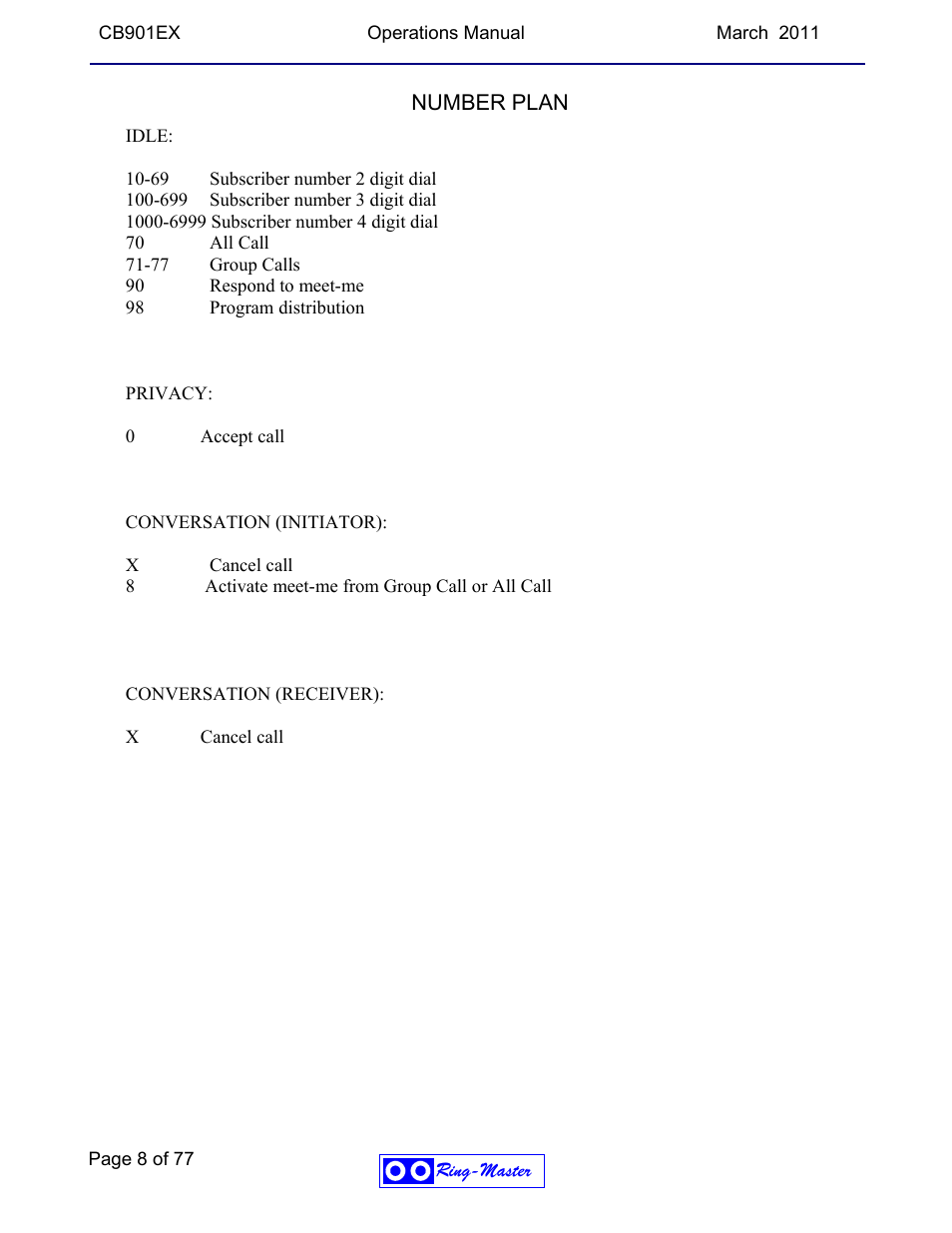 Number plan | Ring Communications CB901EX User Manual | Page 8 / 77