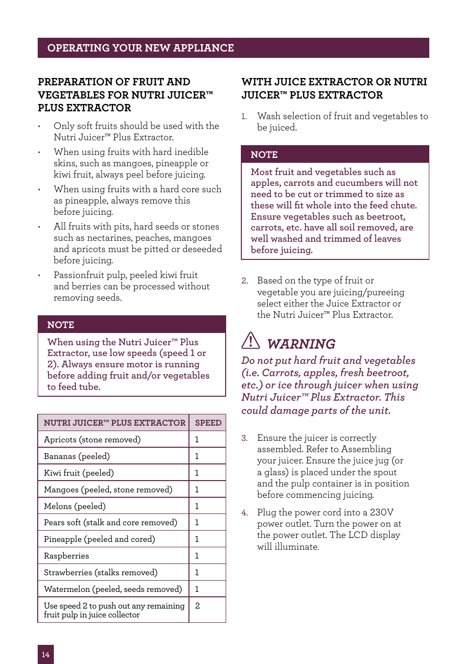 Warning | Sage Nutri Juicer Plus BJE520UK User Manual | Page 15 / 46