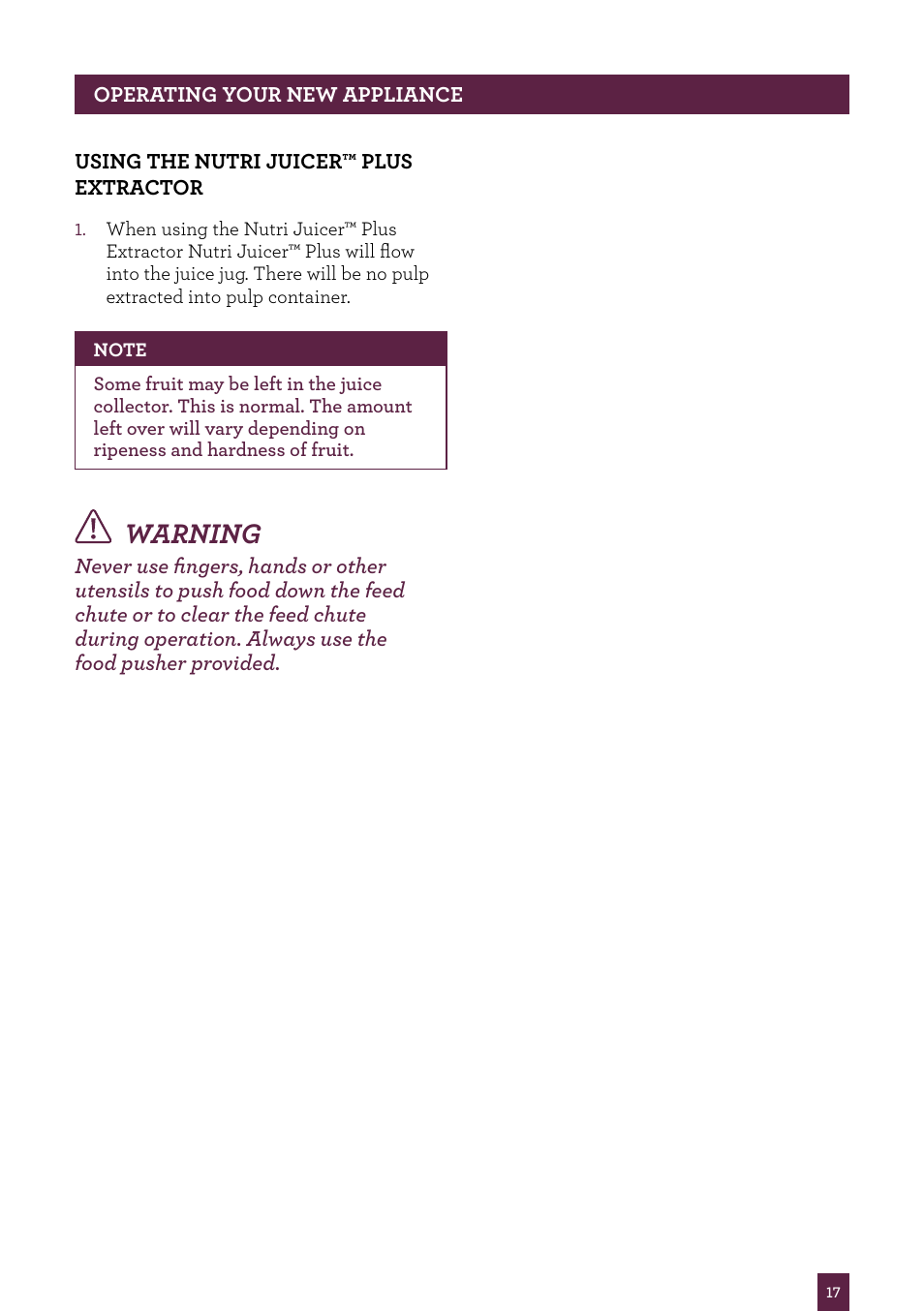 Warning | Sage Nutri Juicer Plus BJE520UK User Manual | Page 18 / 46