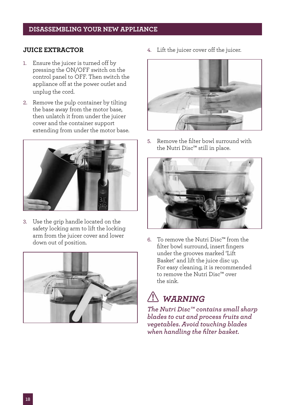 Warning | Sage Nutri Juicer Plus BJE520UK User Manual | Page 19 / 46