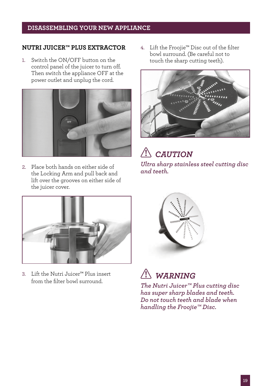 Caution, Warning | Sage Nutri Juicer Plus BJE520UK User Manual | Page 20 / 46