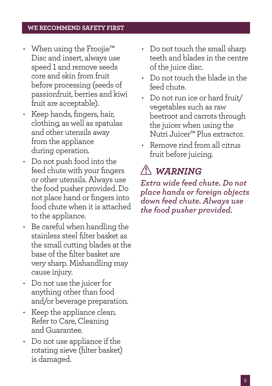 Warning | Sage Nutri Juicer Plus BJE520UK User Manual | Page 6 / 46