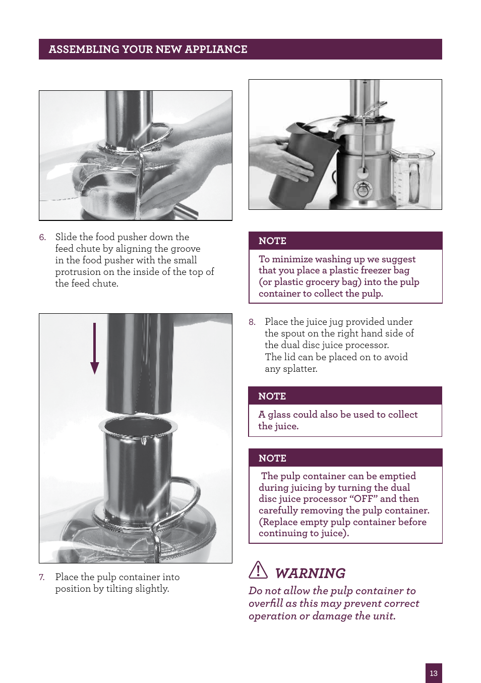 Warning | Sage Nutri Juicer Pro BJE820UK User Manual | Page 14 / 48