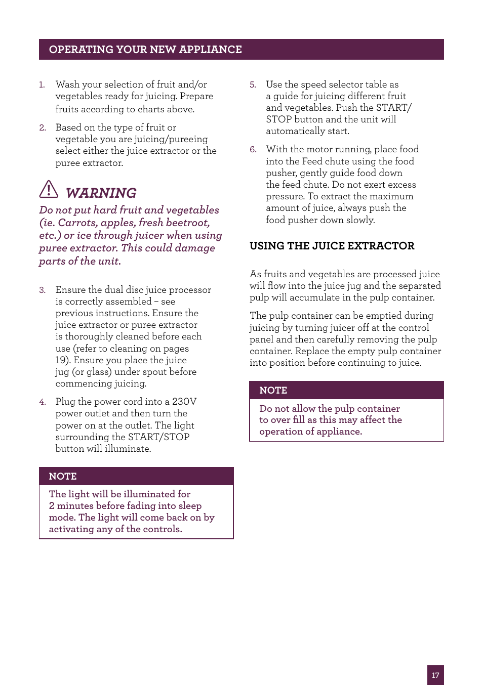 Warning | Sage Nutri Juicer Pro BJE820UK User Manual | Page 18 / 48