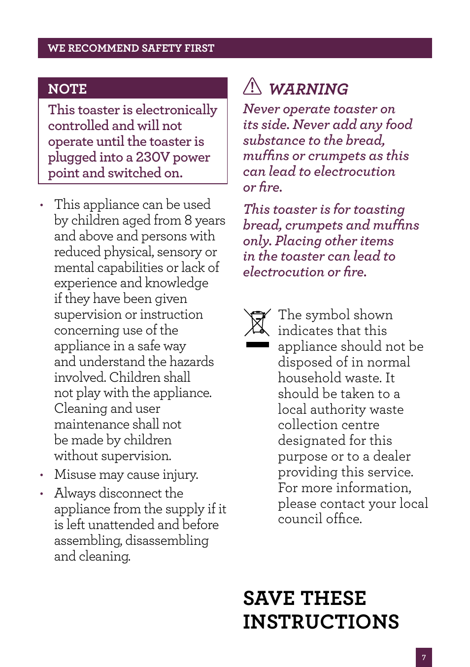 Save these instructions, Warning | Sage Smart Toast BTA820UK/BTA840UK User Manual | Page 8 / 16