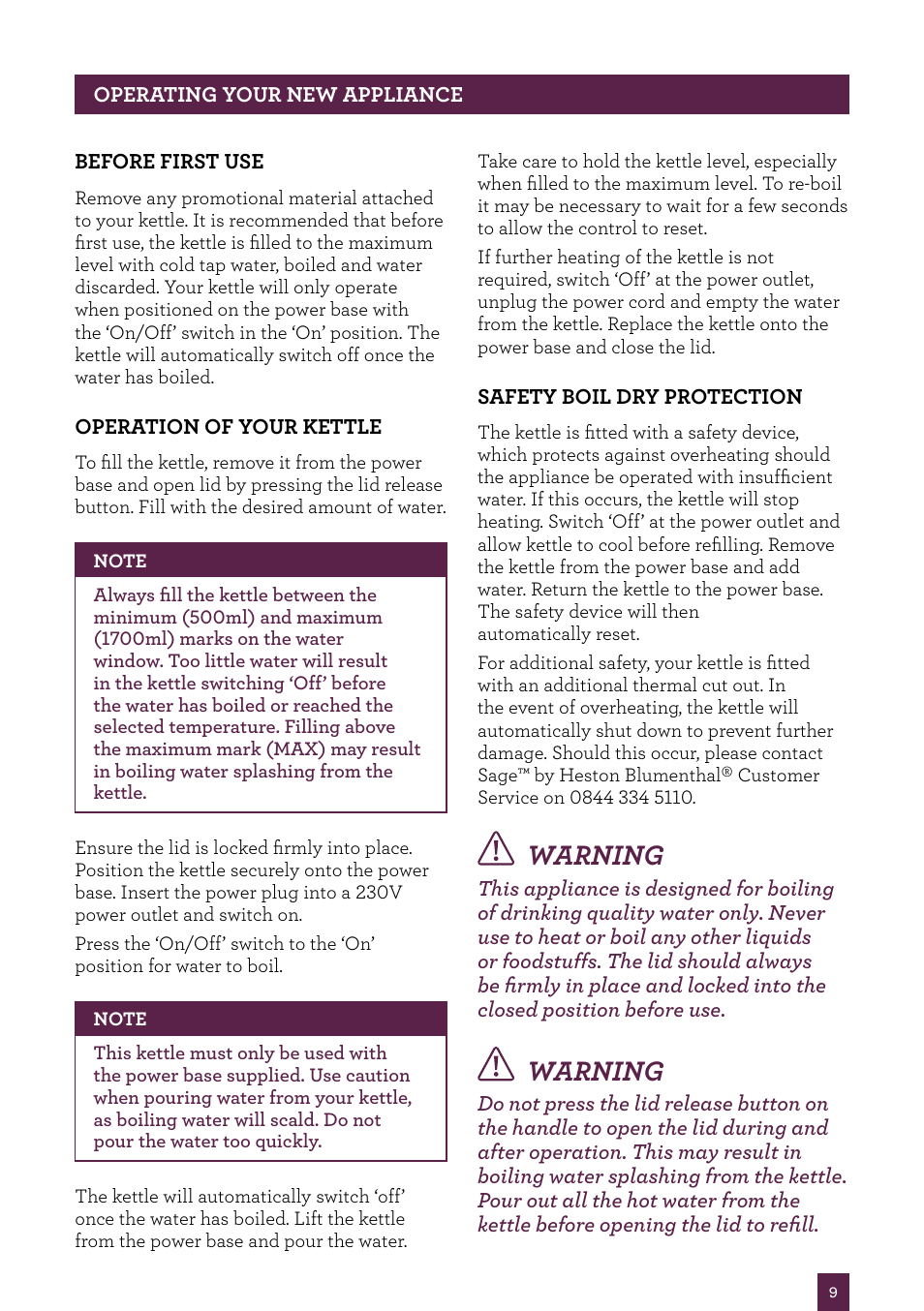 Warning | Sage Soft Open Kettle BKE590UK User Manual | Page 10 / 12