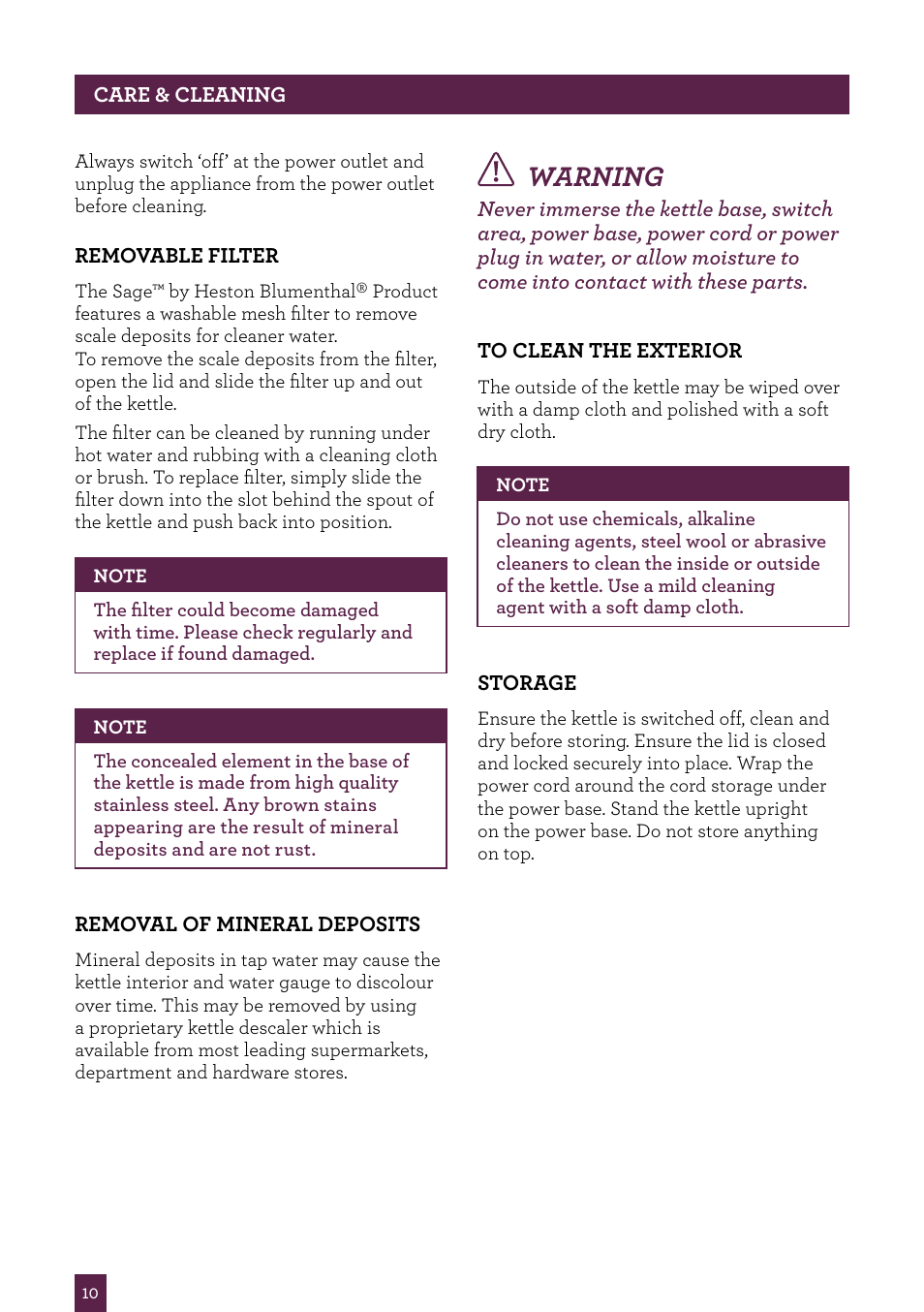 Warning | Sage Soft Open Kettle BKE590UK User Manual | Page 11 / 12
