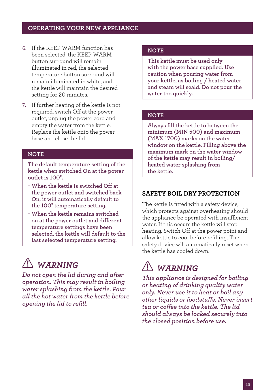 Warning | Sage Smart Kettle BKE820UK User Manual | Page 14 / 16