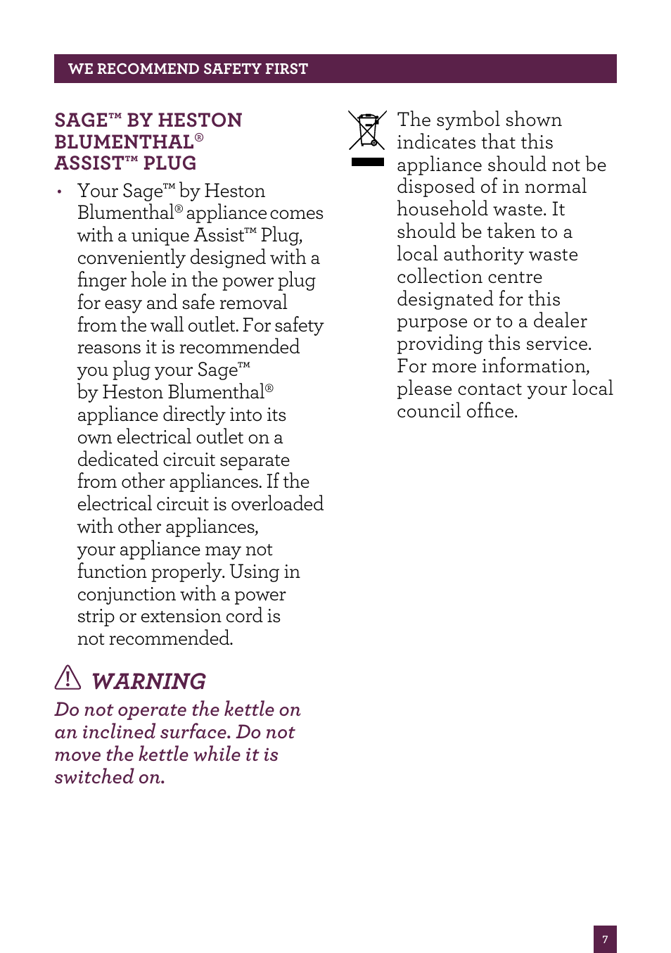 Warning | Sage Smart Kettle BKE820UK User Manual | Page 8 / 16