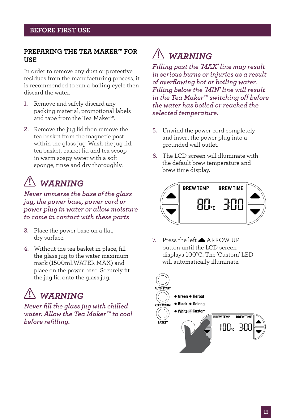 Warning | Sage Tea Maker BTM800UK User Manual | Page 14 / 32
