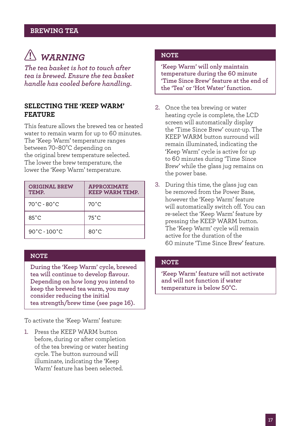 Warning | Sage Tea Maker BTM800UK User Manual | Page 18 / 32