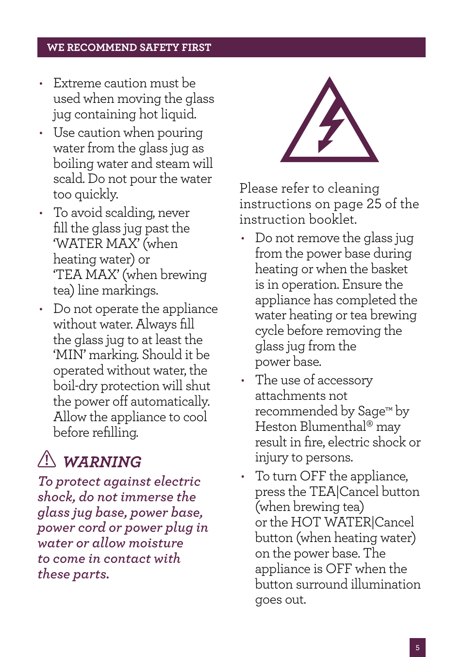 Warning | Sage Tea Maker BTM800UK User Manual | Page 6 / 32