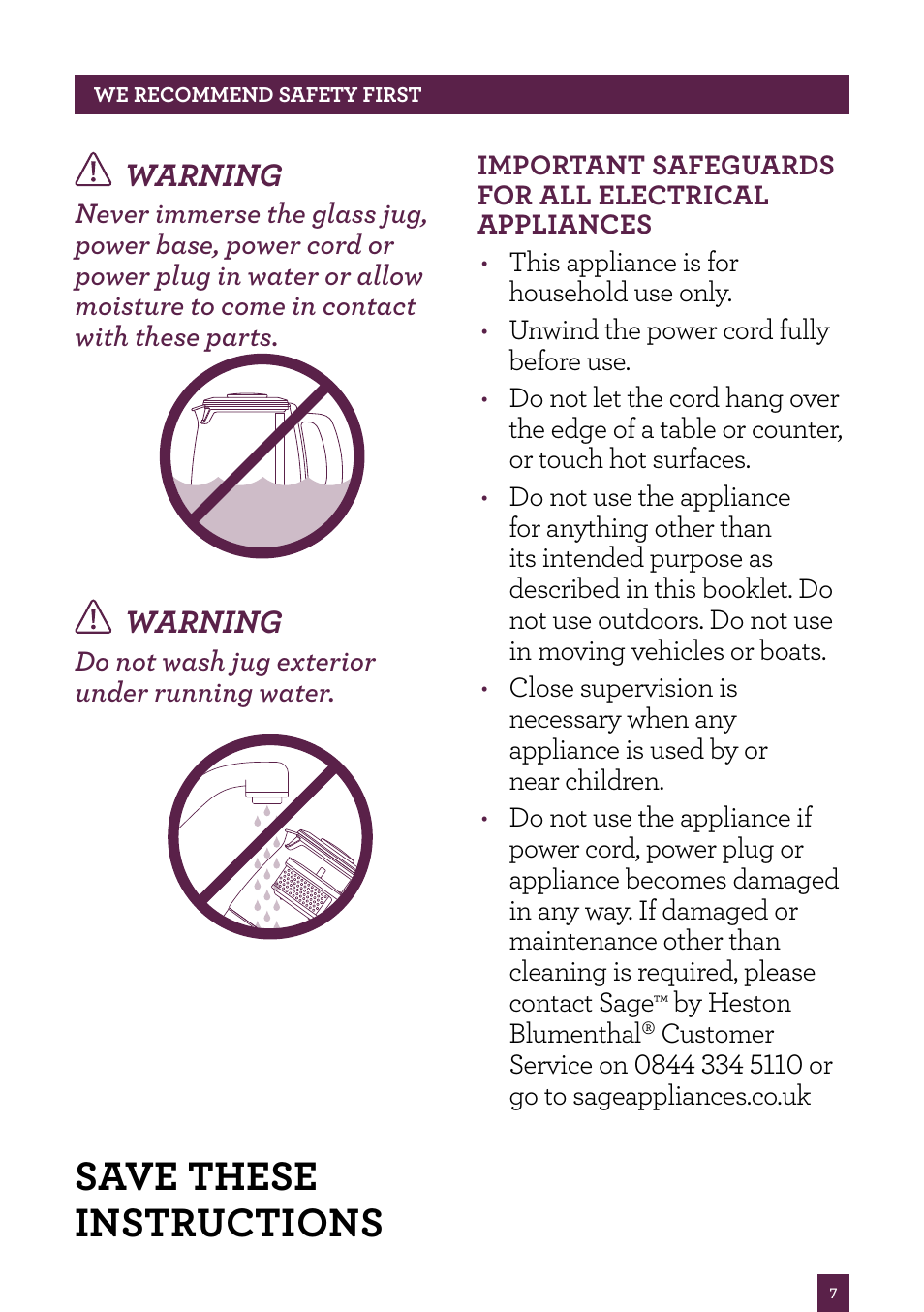 Save these instructions, Warning | Sage Tea Maker BTM800UK User Manual | Page 8 / 32