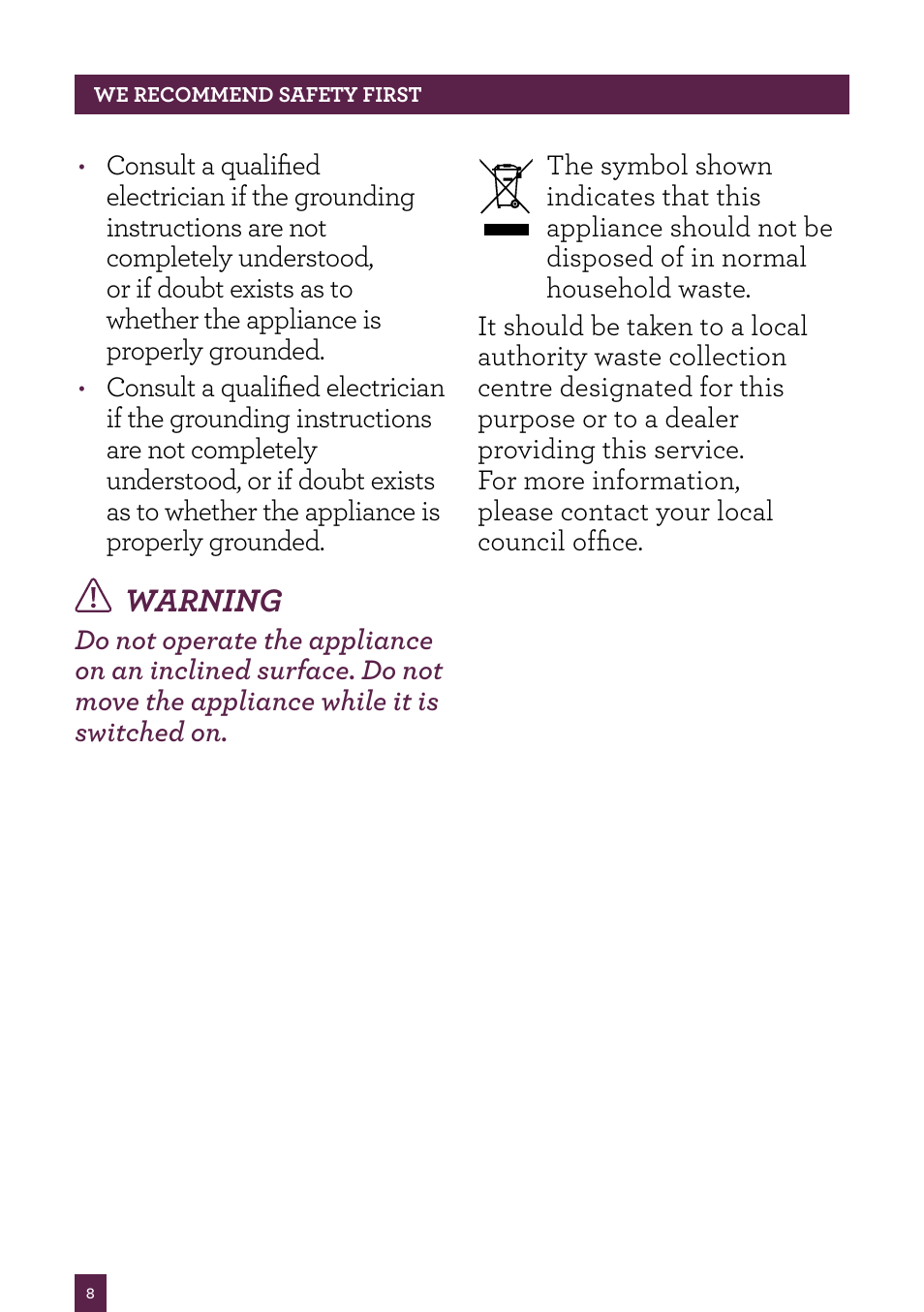 Warning | Sage Tea Maker BTM800UK User Manual | Page 9 / 32