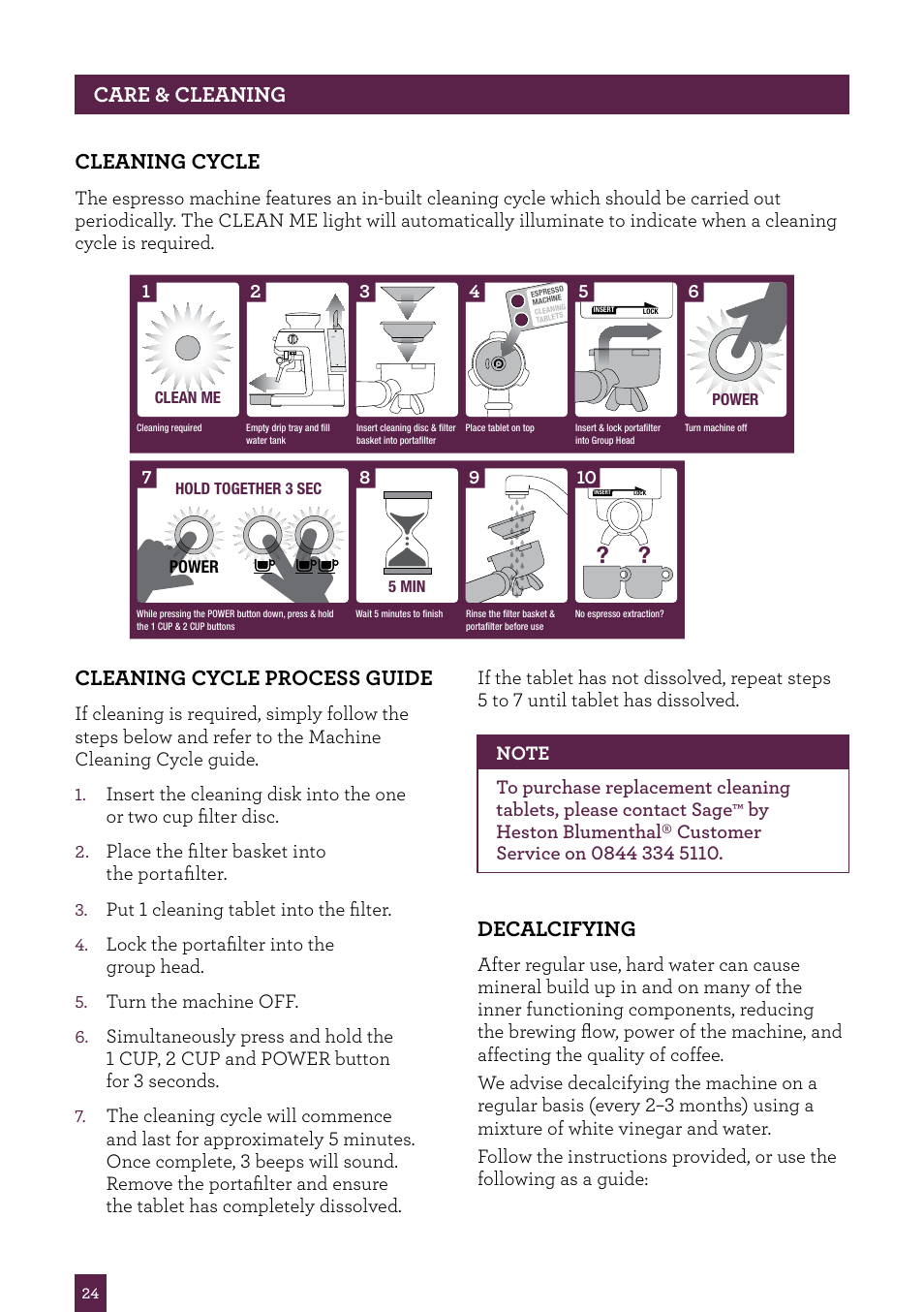 Care & cleaning cleaning cycle, Cleaning cycle process guide, Decalcifying | Sage Barista Express BES870UK User Manual | Page 25 / 36