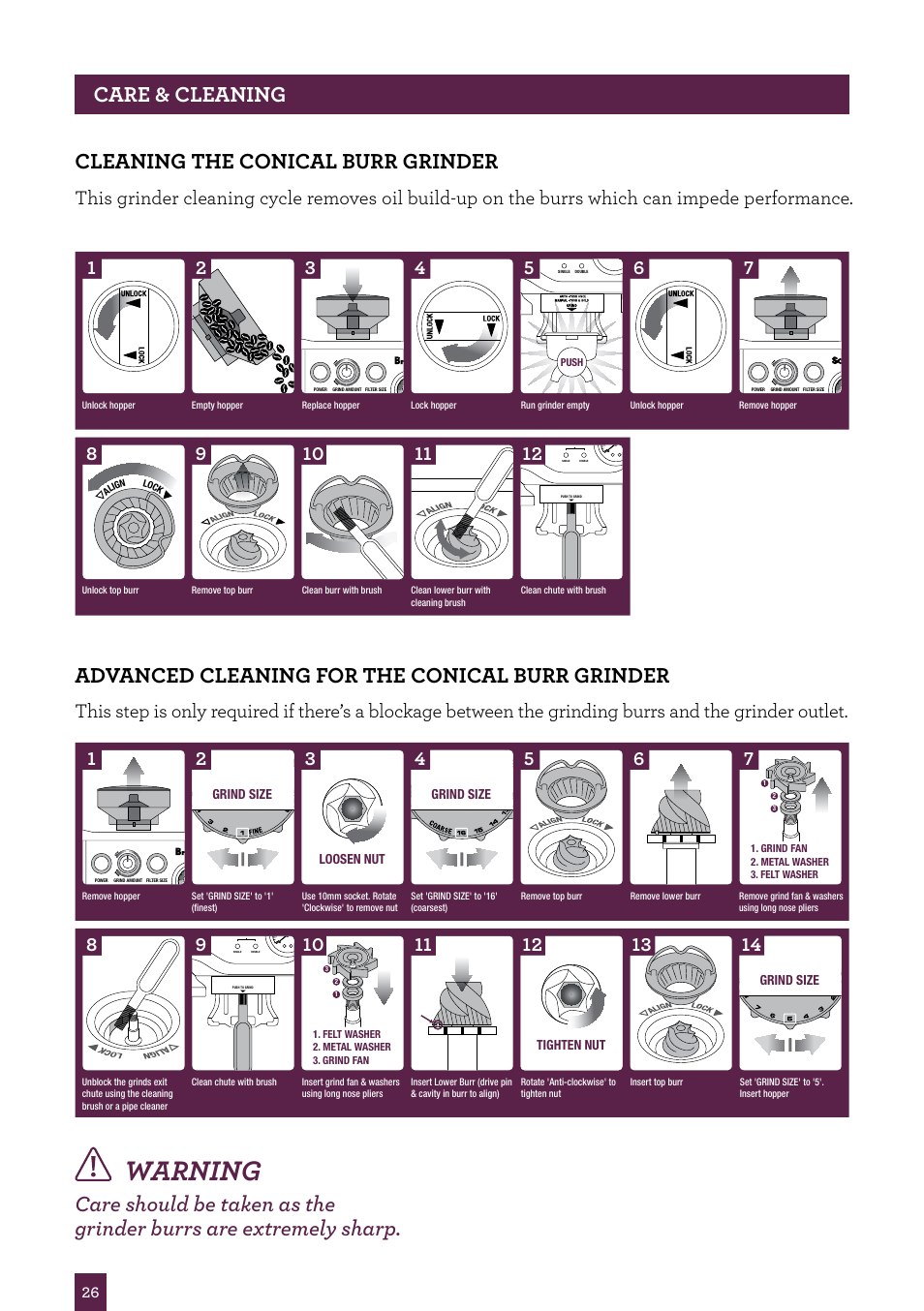 Warning, Care & cleaning cleaning the conical burr grinder, Advanced cleaning for the conical burr grinder | Sage Barista Express BES870UK User Manual | Page 27 / 36