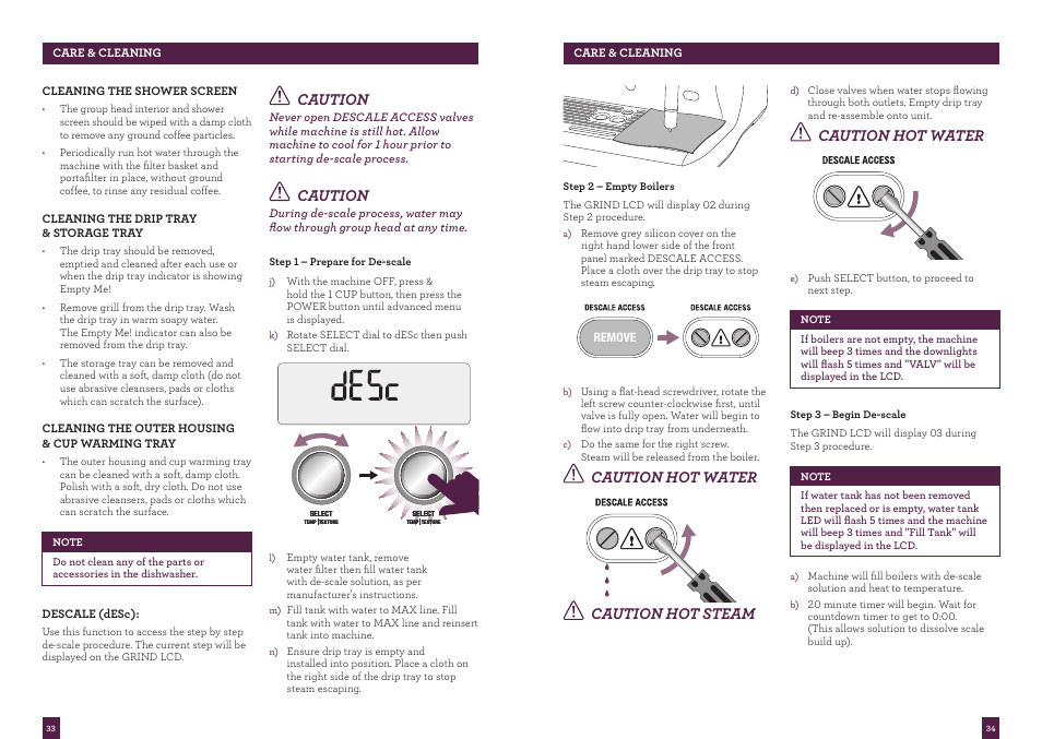 Caution, Caution hot water, Caution hot water caution hot steam | Sage Oracle BES980UK User Manual | Page 17 / 22