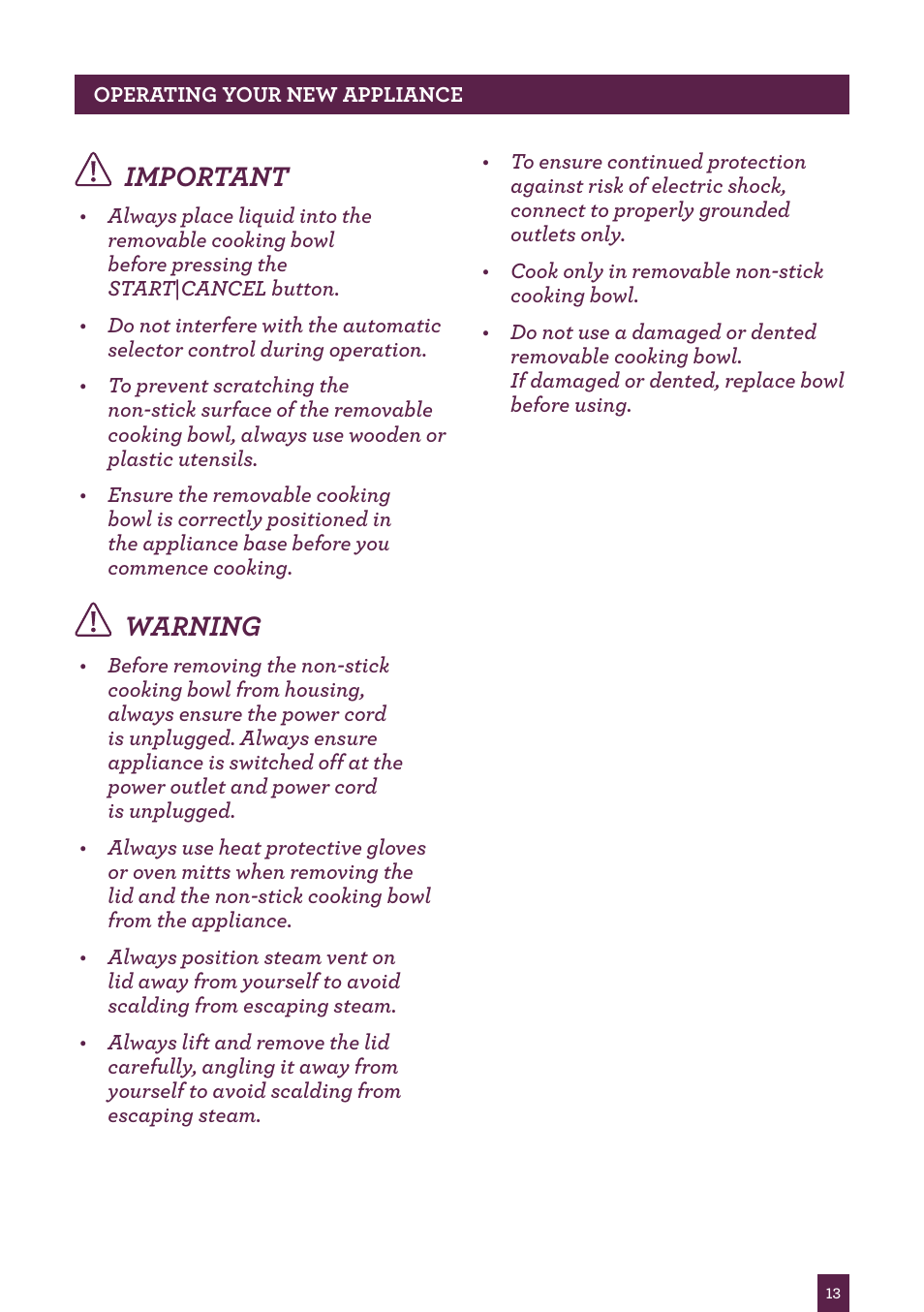 Important, Warning | Sage Multi Cooker BRC600UK User Manual | Page 14 / 28