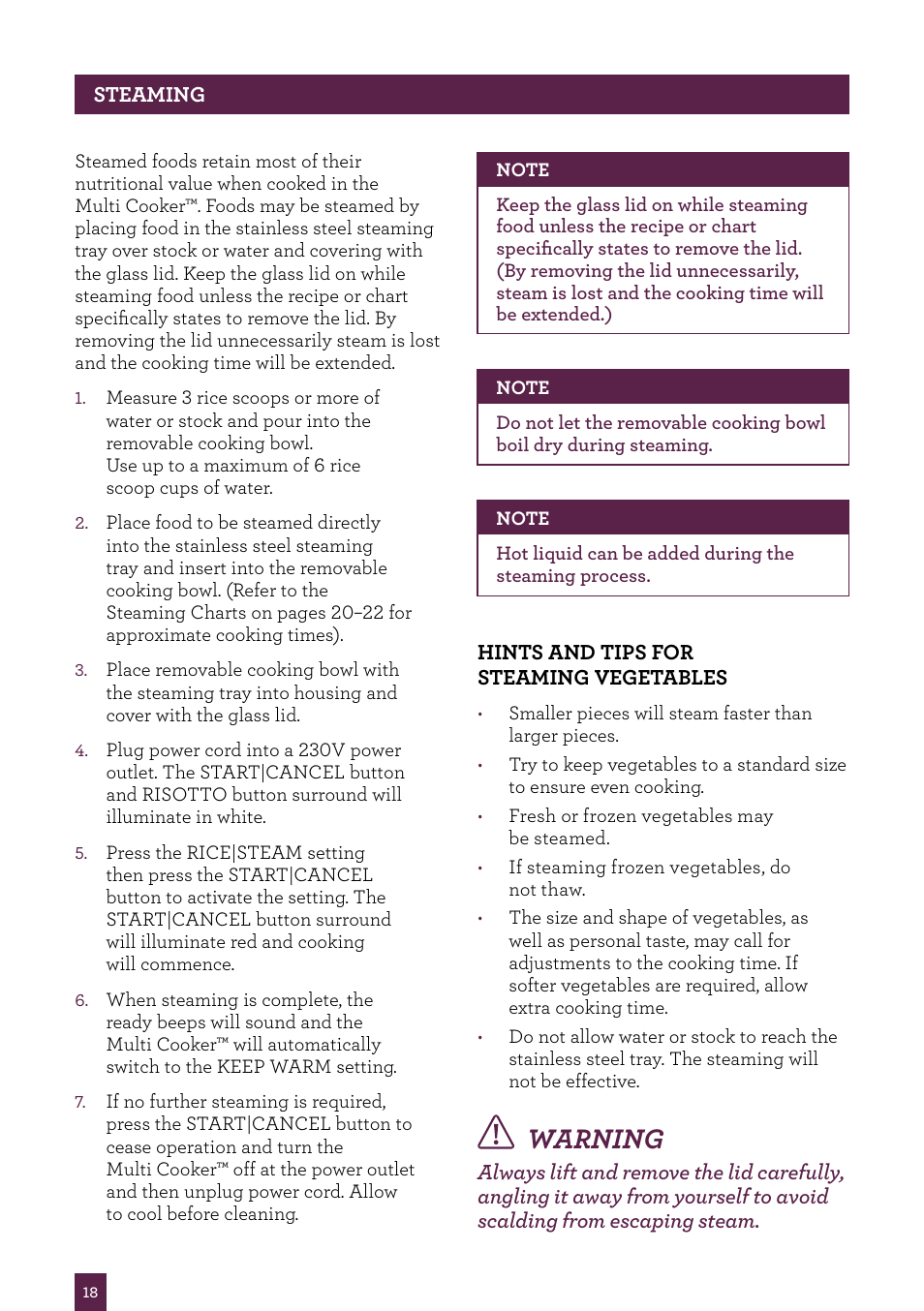 Warning | Sage Multi Cooker BRC600UK User Manual | Page 19 / 28