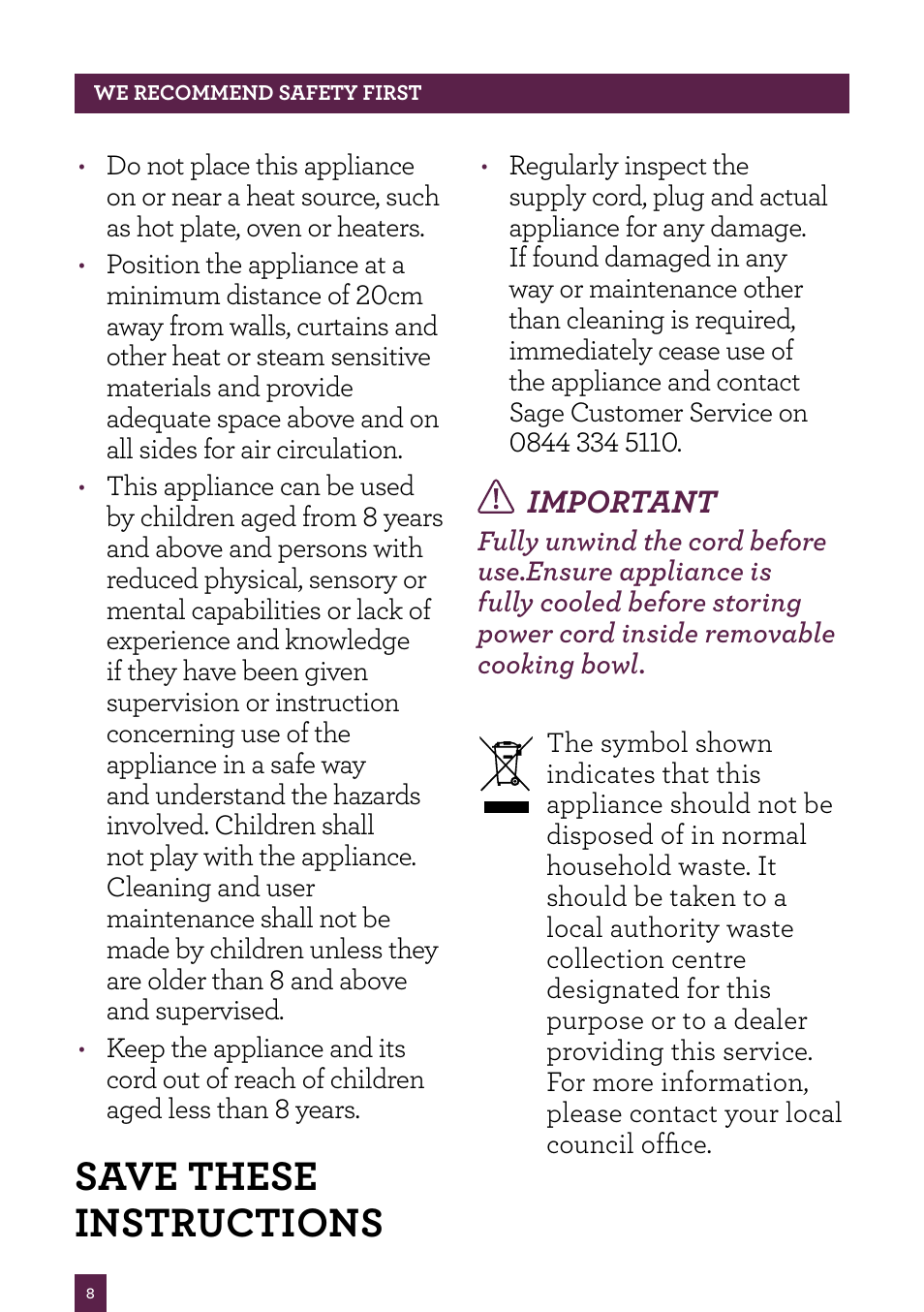 Save these instructions, Important | Sage Multi Cooker BRC600UK User Manual | Page 9 / 28