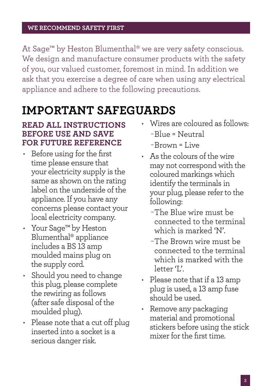 Important safeguards | Sage Control Grip All In One BSB530UK User Manual | Page 4 / 42