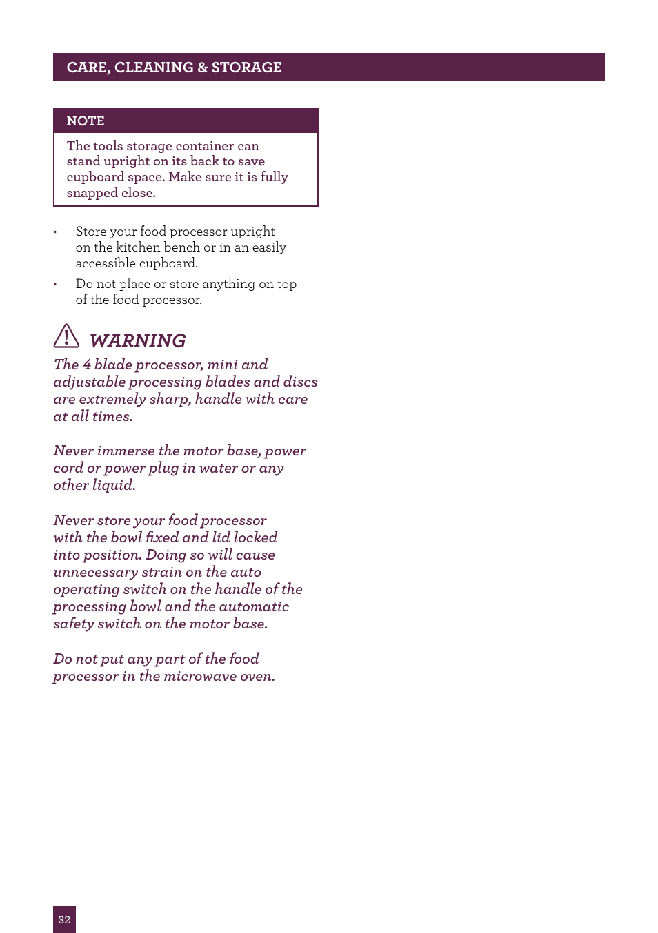 Warning | Sage Kitchen Wizz Pro BFP800UK User Manual | Page 33 / 54