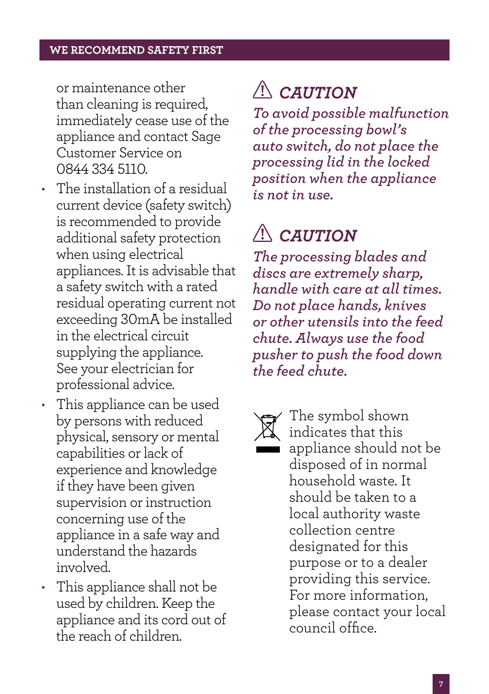Caution | Sage Kitchen Wizz Pro BFP800UK User Manual | Page 8 / 54