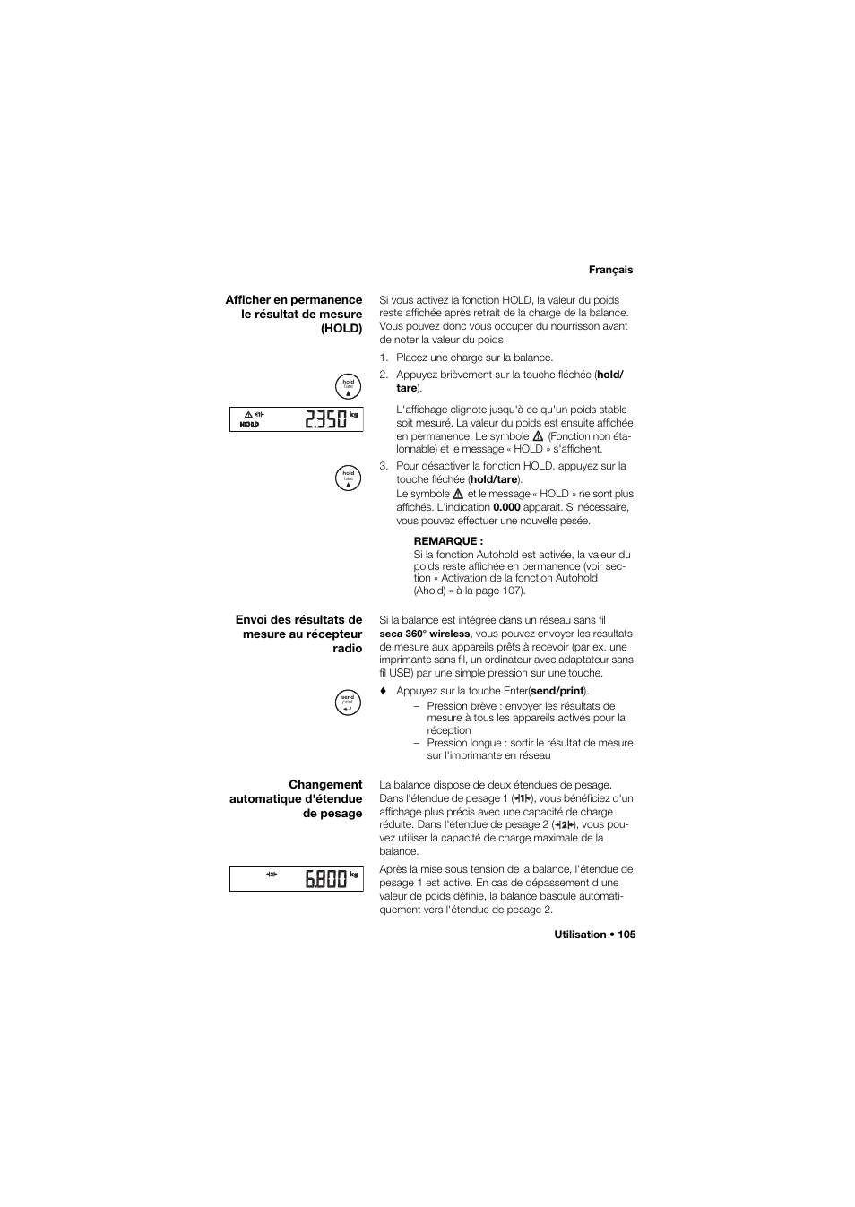 Envoi des résultats de mesure au récepteur radio, Changement automatique d'étendue de pesage | Seca 757 band_1 User Manual | Page 105 / 307