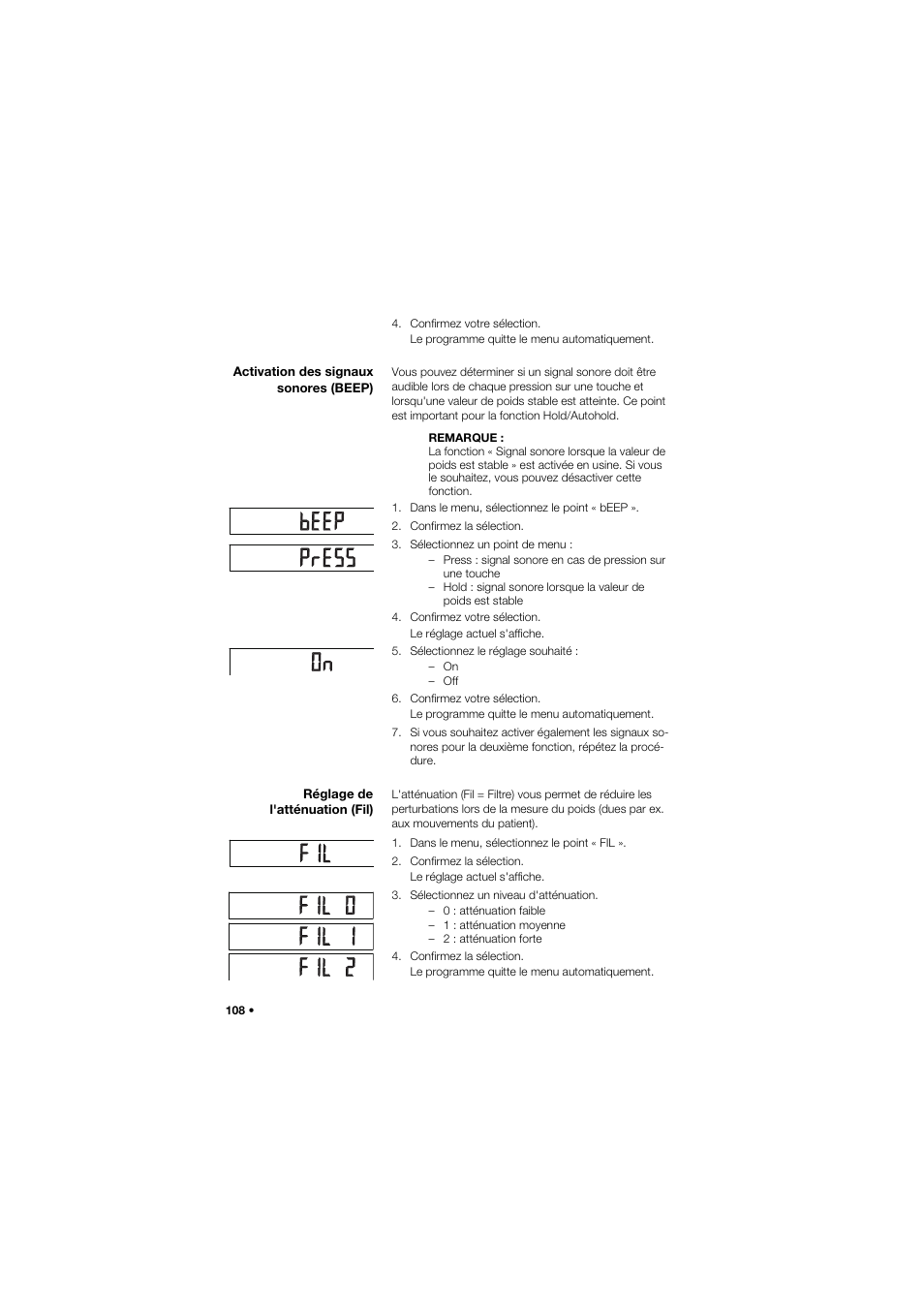 Activation des signaux sonores (beep), Réglage de l'atténuation (fil) | Seca 757 band_1 User Manual | Page 108 / 307