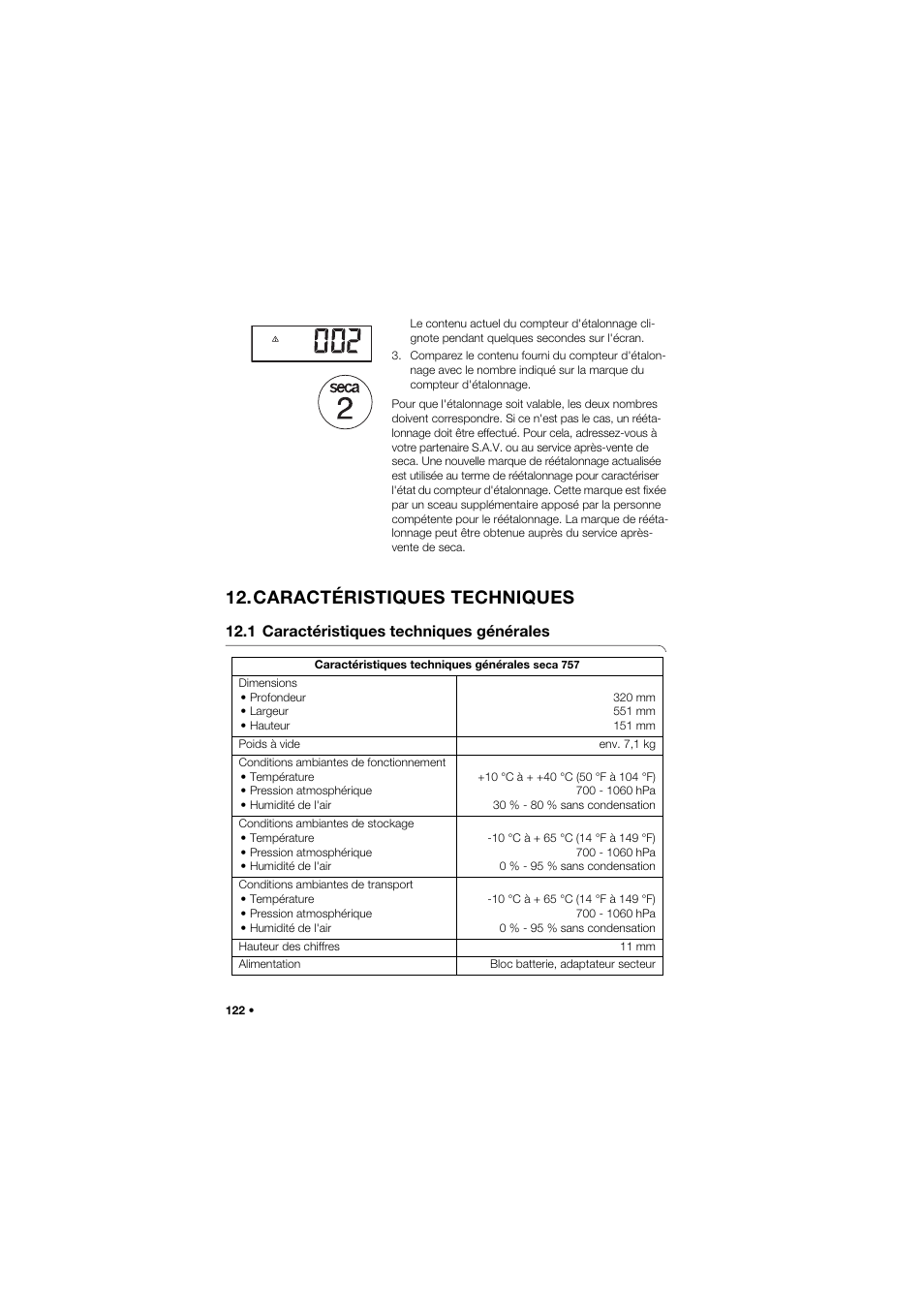 Caractéristiques techniques, 1 caractéristiques techniques générales | Seca 757 band_1 User Manual | Page 122 / 307