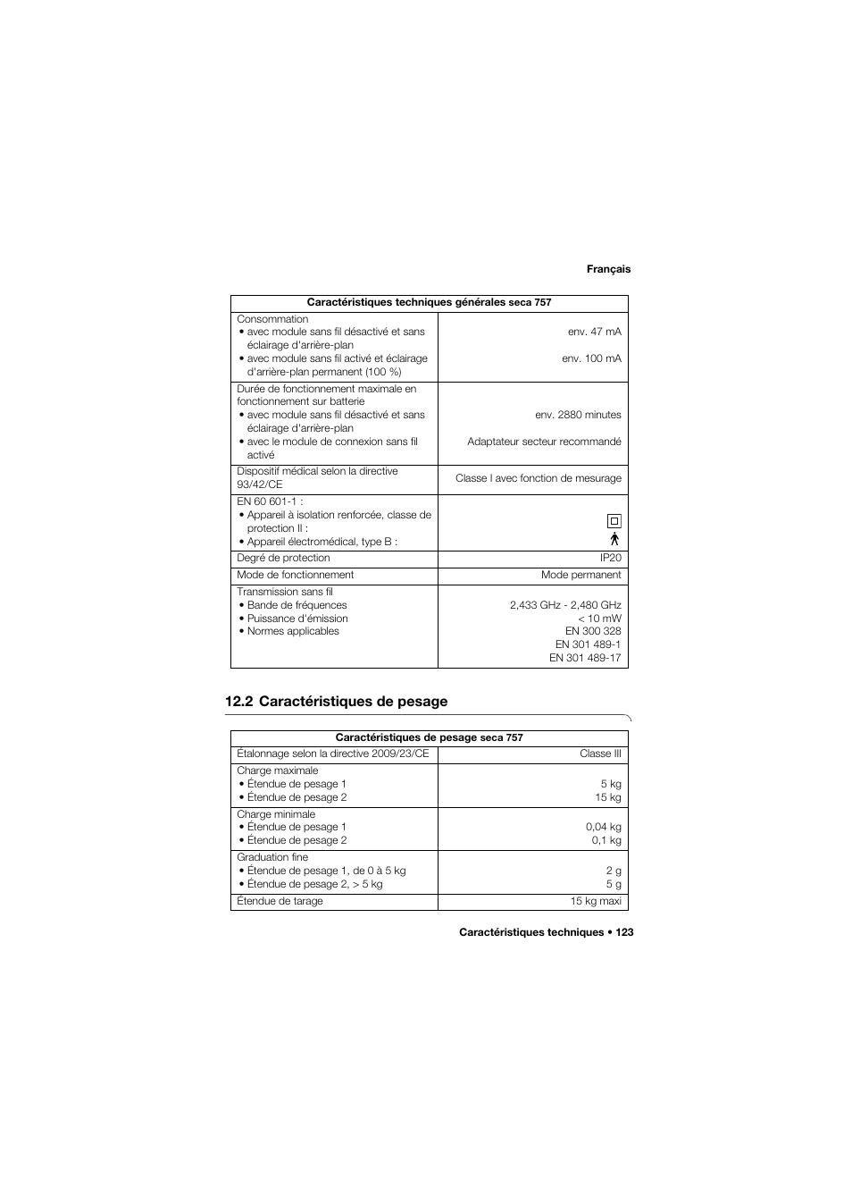 2 caractéristiques de pesage | Seca 757 band_1 User Manual | Page 123 / 307