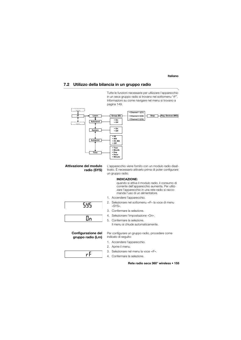 2 utilizzo della bilancia in un gruppo radio, Attivazione del modulo radio (sys), Configurazione del gruppo radio (lrn) | Seca 757 band_1 User Manual | Page 155 / 307