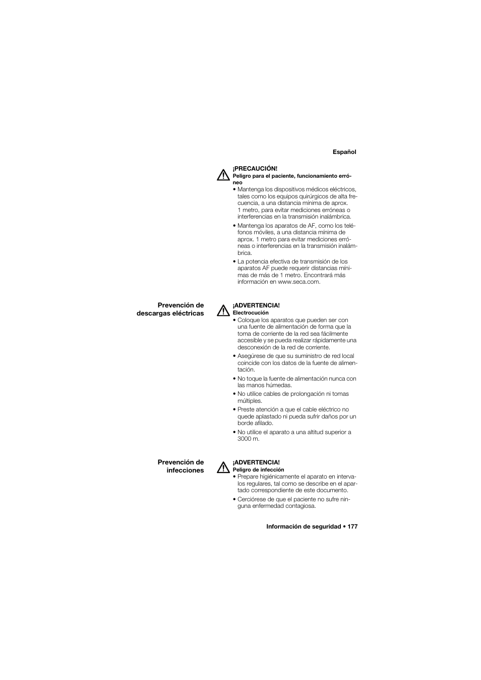 Prevención de descargas eléctricas, Prevención de infecciones | Seca 757 band_1 User Manual | Page 177 / 307