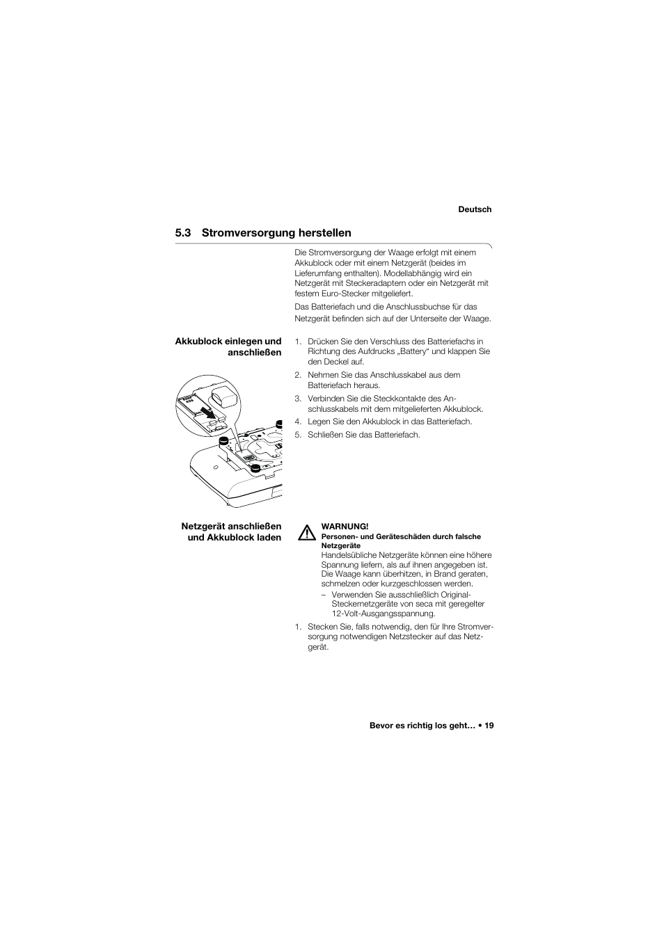 3 stromversorgung herstellen, Akkublock einlegen und anschließen, Netzgerät anschließen und akkublock laden | Seca 757 band_1 User Manual | Page 19 / 307