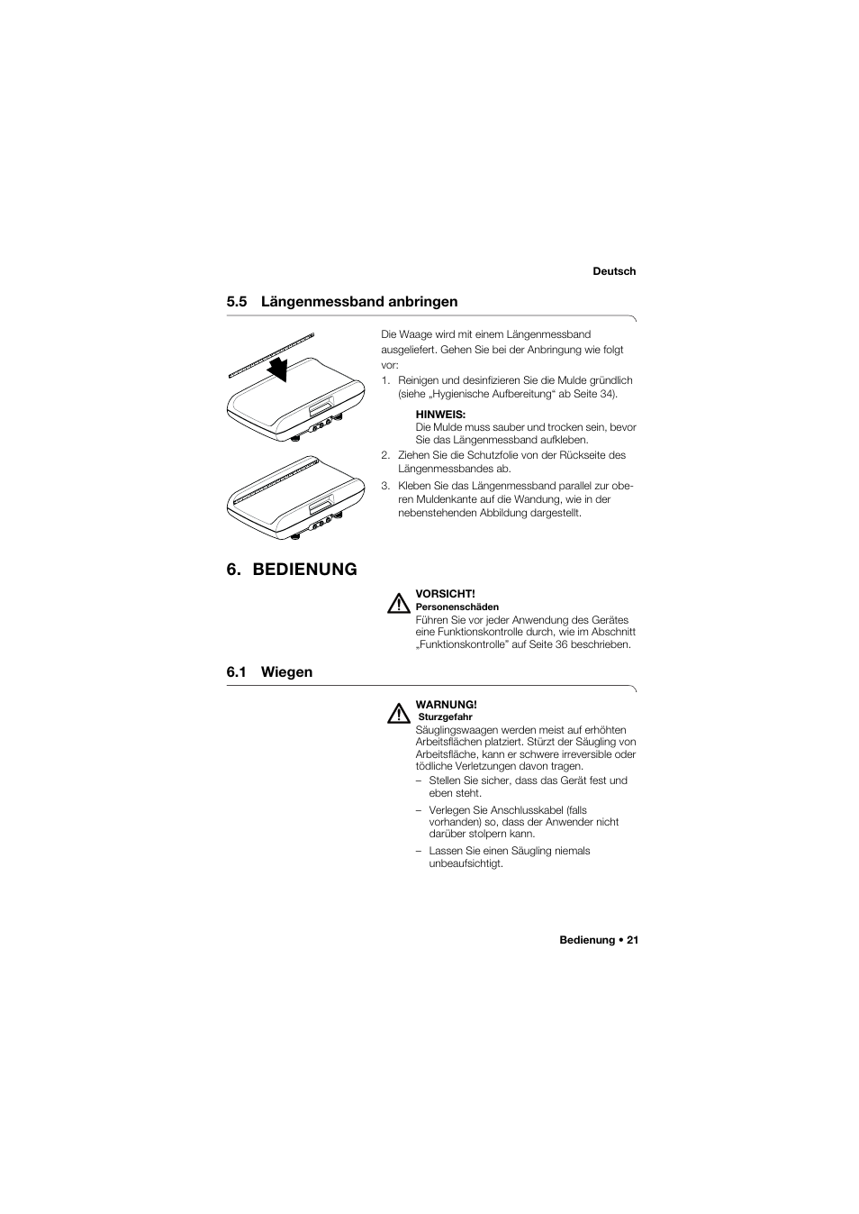 5 längenmessband anbringen, Bedienung, 1 wiegen | Seca 757 band_1 User Manual | Page 21 / 307