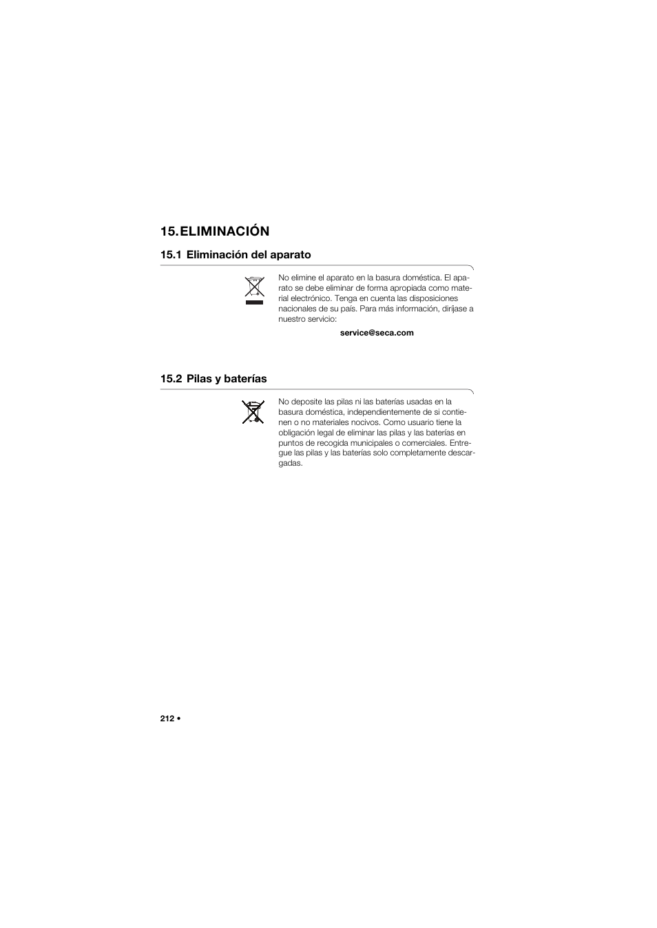 Eliminación, 1 eliminación del aparato, 2 pilas y baterías | Seca 757 band_1 User Manual | Page 212 / 307