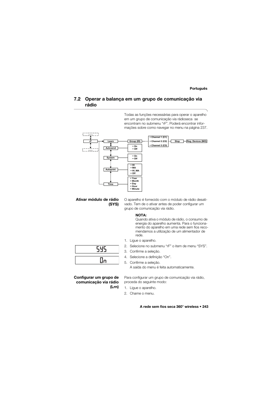 Ativar módulo de rádio (sys), Configurar um grupo de comunicação via rádio (lrn), 2 operar a balança em um | Grupo de comunicação via rádio | Seca 757 band_1 User Manual | Page 243 / 307