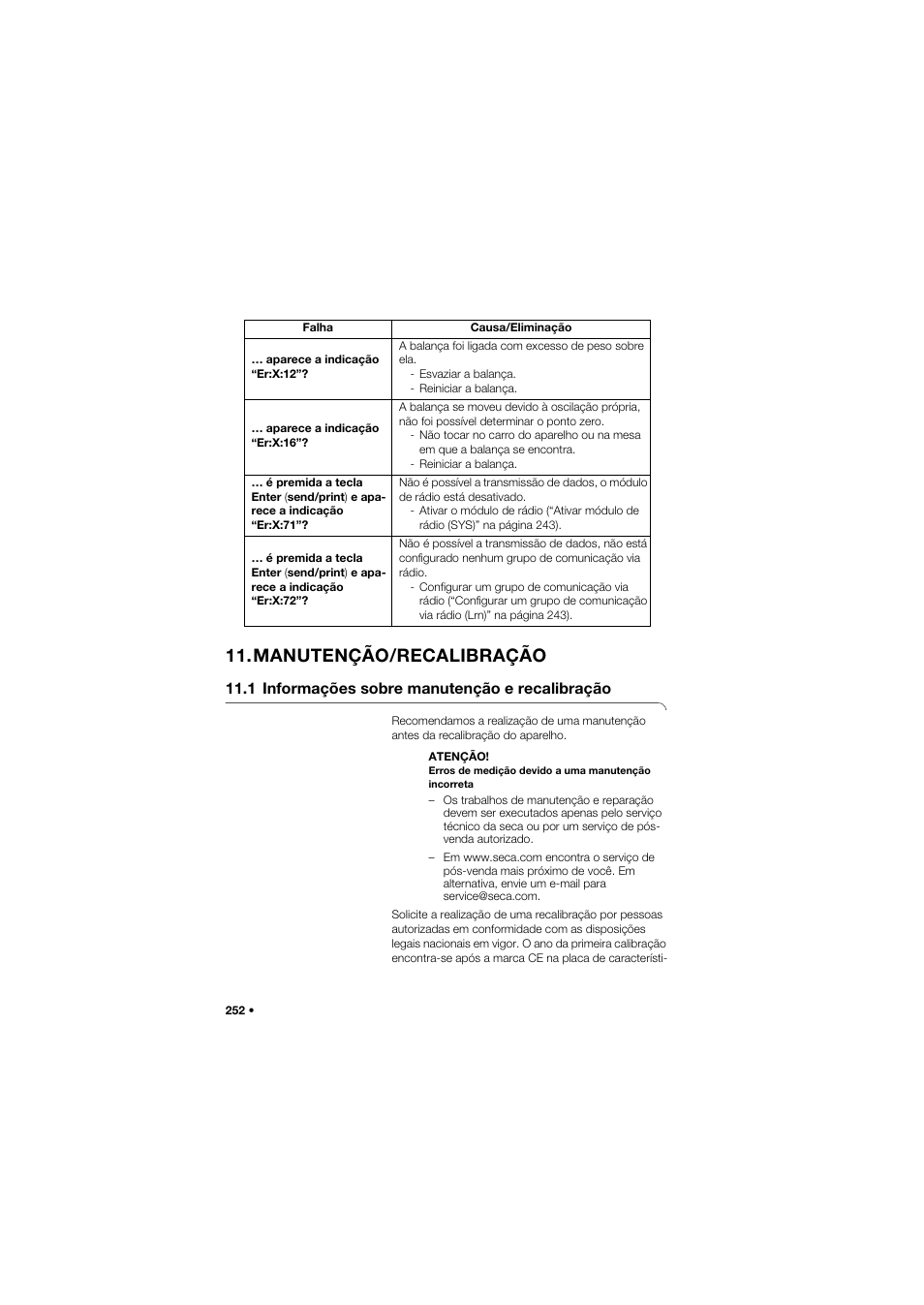 Manutenção/recalibração, 1 informações sobre manutenção e recalibração | Seca 757 band_1 User Manual | Page 252 / 307