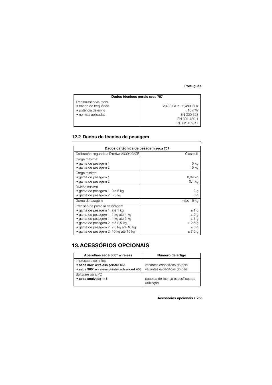 2 dados da técnica de pesagem, Acessórios opcionais | Seca 757 band_1 User Manual | Page 255 / 307