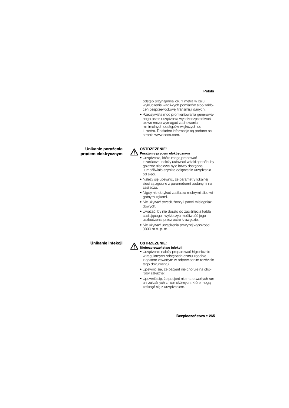 Unikanie porażenia prądem elektrycznym, Unikanie infekcji | Seca 757 band_1 User Manual | Page 265 / 307
