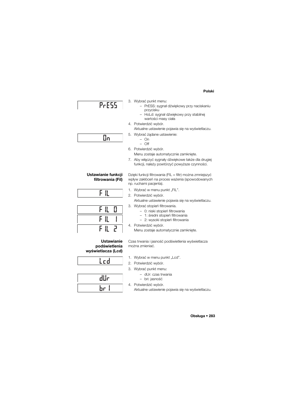 Ustawianie funkcji filtrowania (fil), Ustawianie podświetlenia wyświetlacza (lcd) | Seca 757 band_1 User Manual | Page 283 / 307