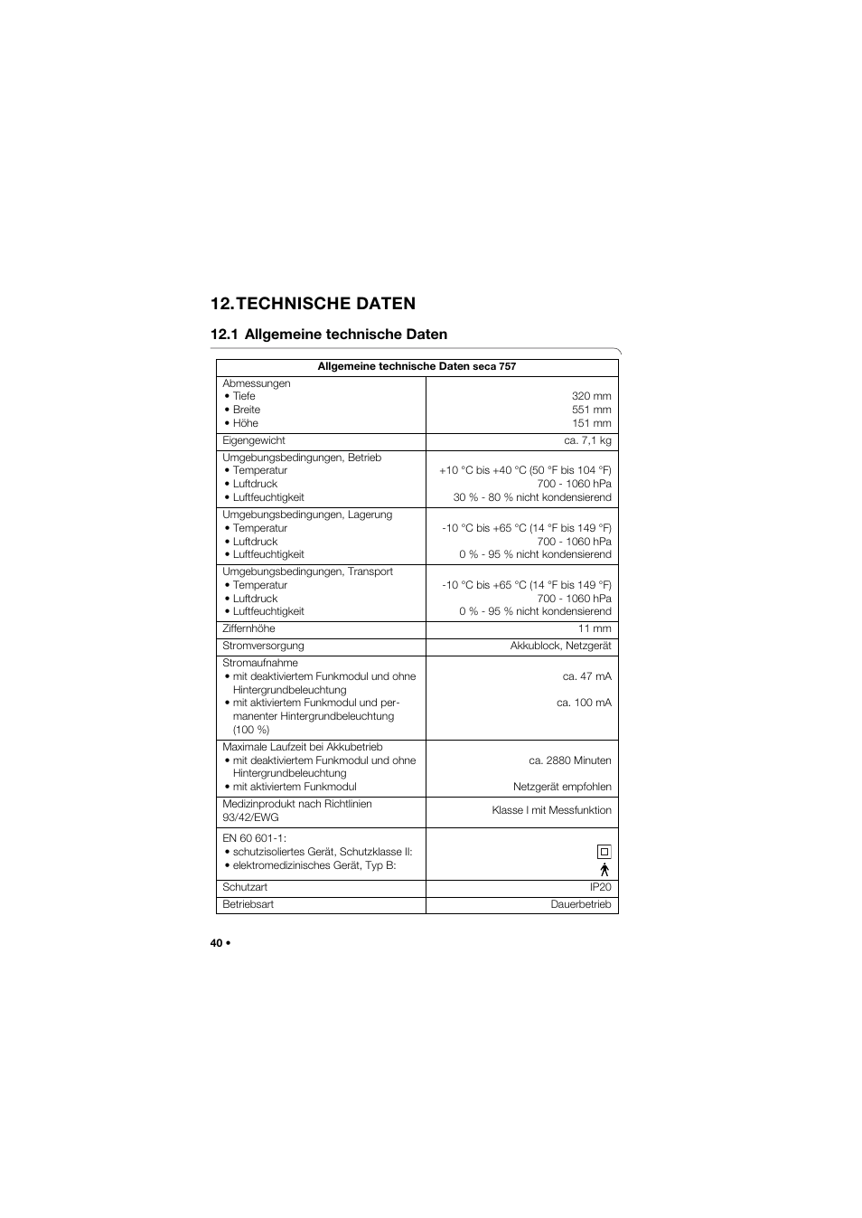 Technische daten, 1 allgemeine technische daten | Seca 757 band_1 User Manual | Page 40 / 307