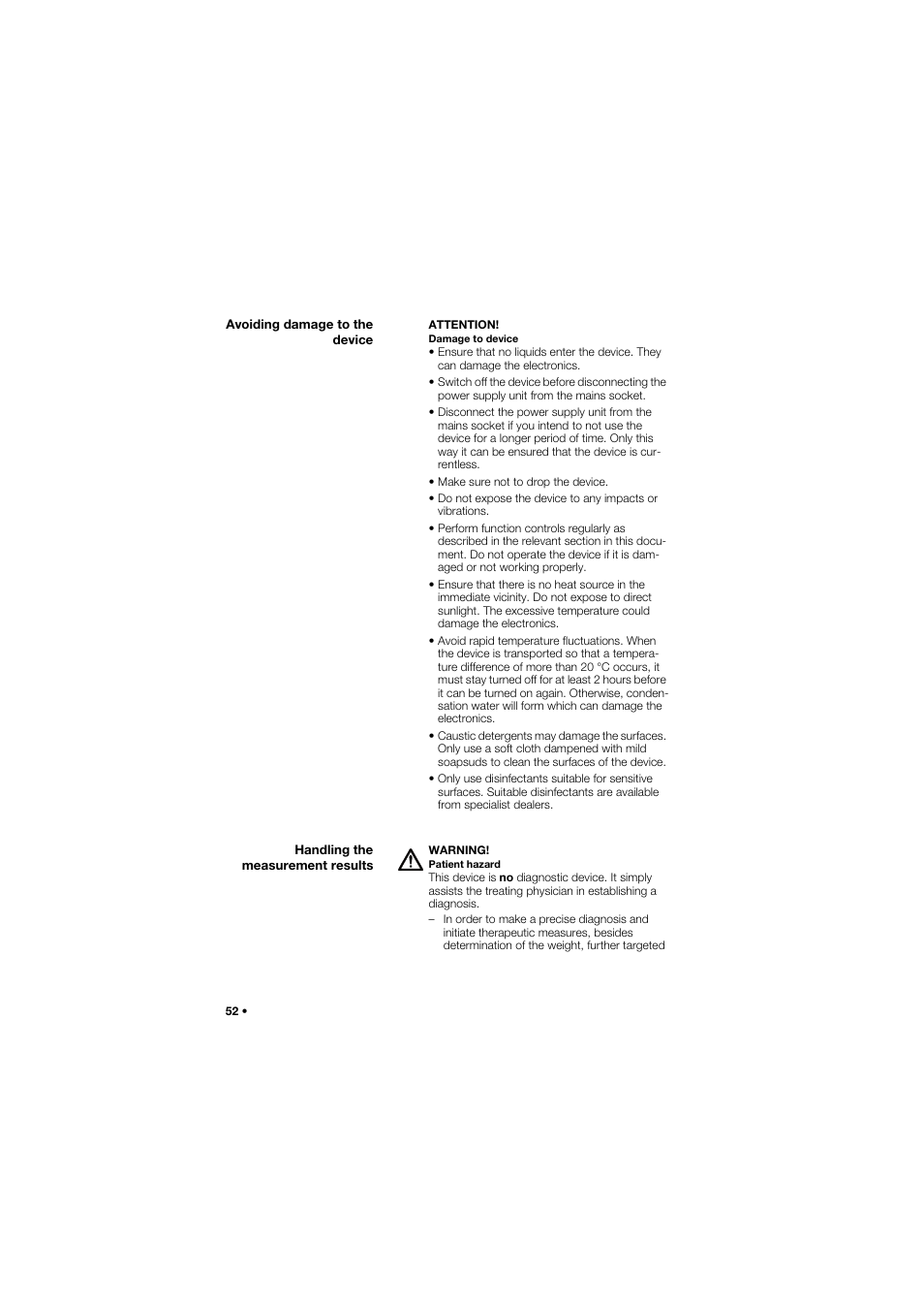 Avoiding damage to the device, Handling the measurement results | Seca 757 band_1 User Manual | Page 52 / 307