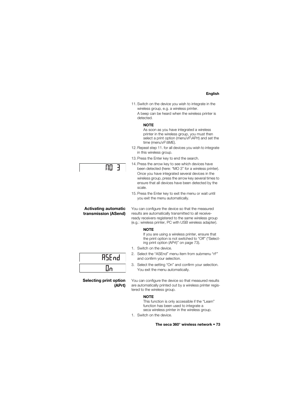 Activating automatic transmission (asend), Selecting print option (aprt) | Seca 757 band_1 User Manual | Page 73 / 307