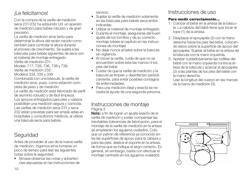 Español, Le felicitamos, Seguridad | Instrucciones de montaje, Instrucciones de uso | Seca 232 User Manual | Page 10 / 32