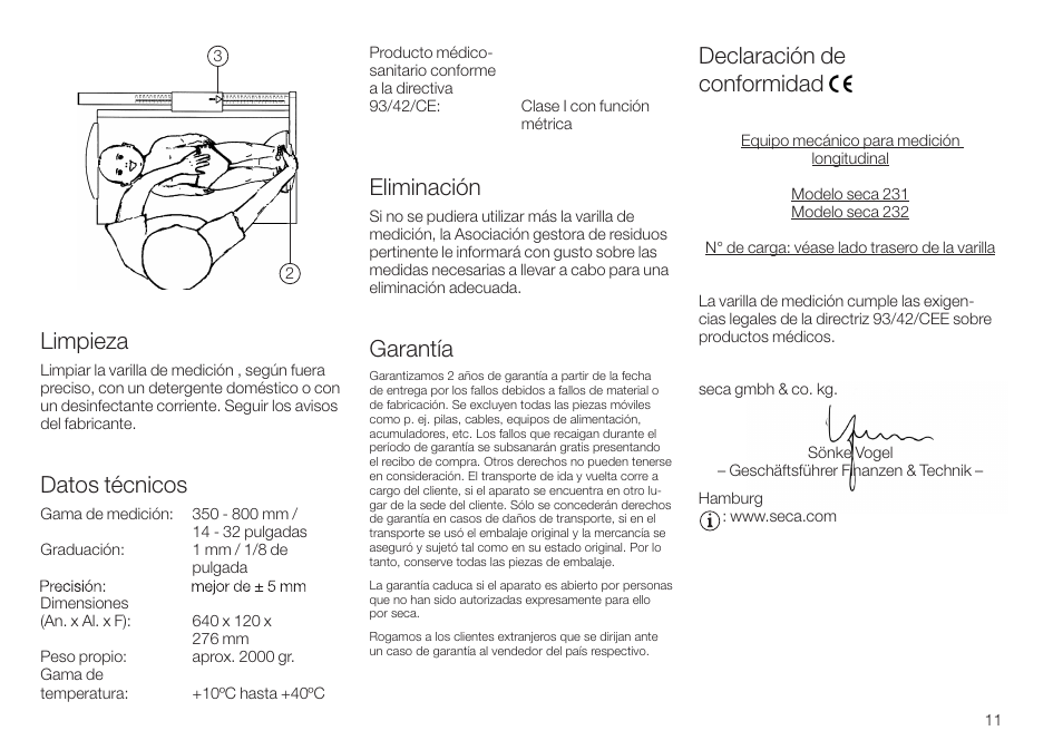 Limpieza, Datos técnicos, Eliminación | Garantía, Declaración deconformidad, Declaración de conformidad | Seca 232 User Manual | Page 11 / 32