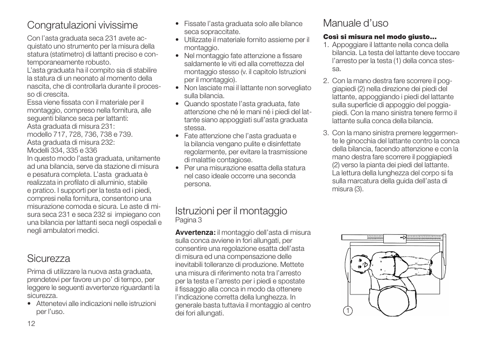 Italiano, Congratulazioni vivissime, Sicurezza | Istruzioni per il montaggio, Manuale d’uso | Seca 232 User Manual | Page 12 / 32