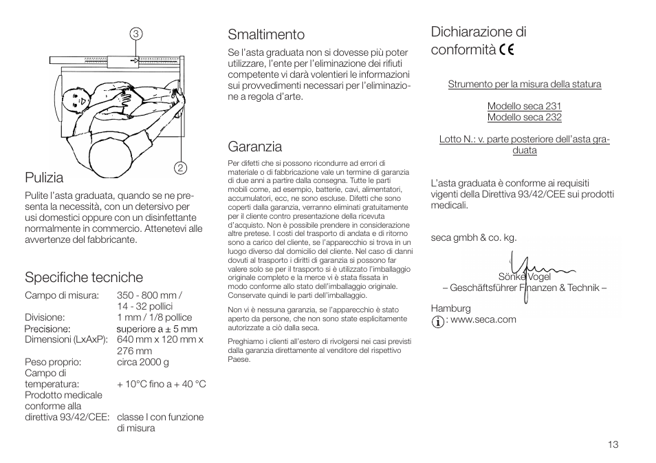 Pulizia, Specifiche tecniche, Smaltimento | Garanzia, Dichiarazione diconformità, Dichiarazione di conformità | Seca 232 User Manual | Page 13 / 32